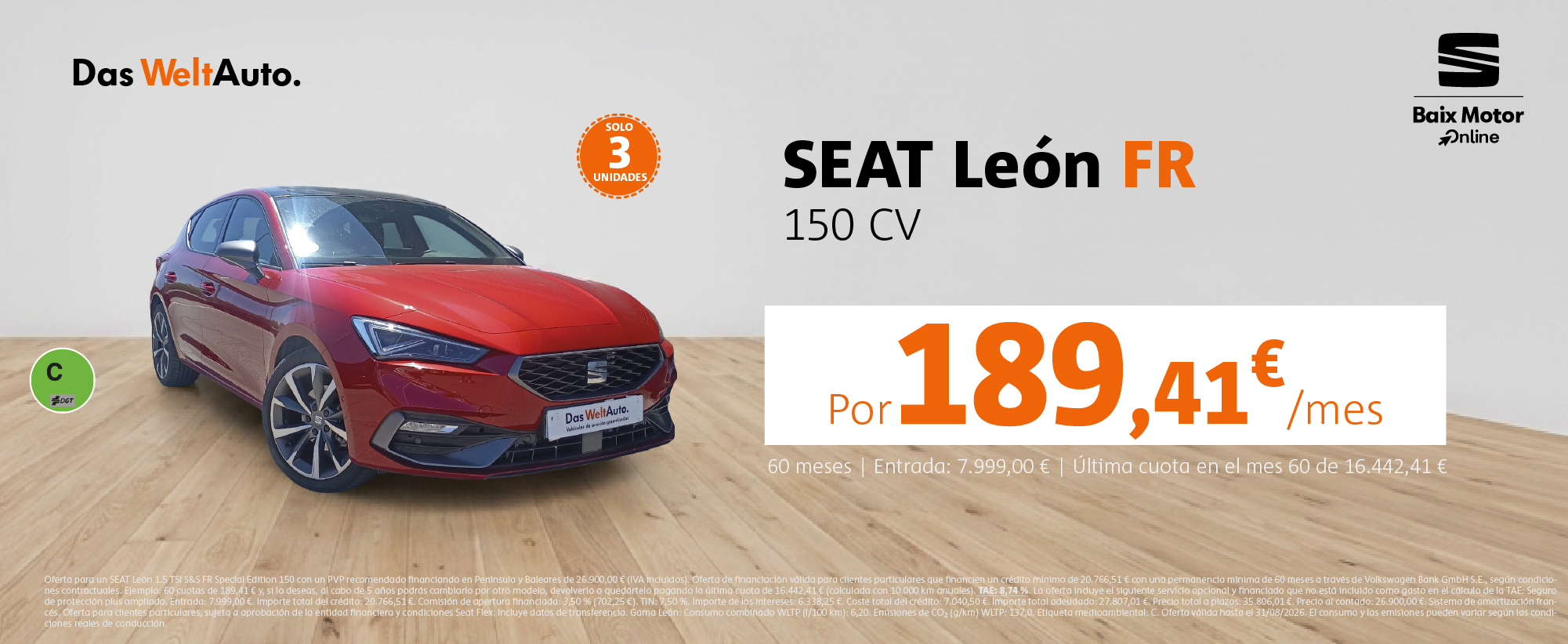 ¡Sólo 5 unidades! Seat León FR por 189€/mes*